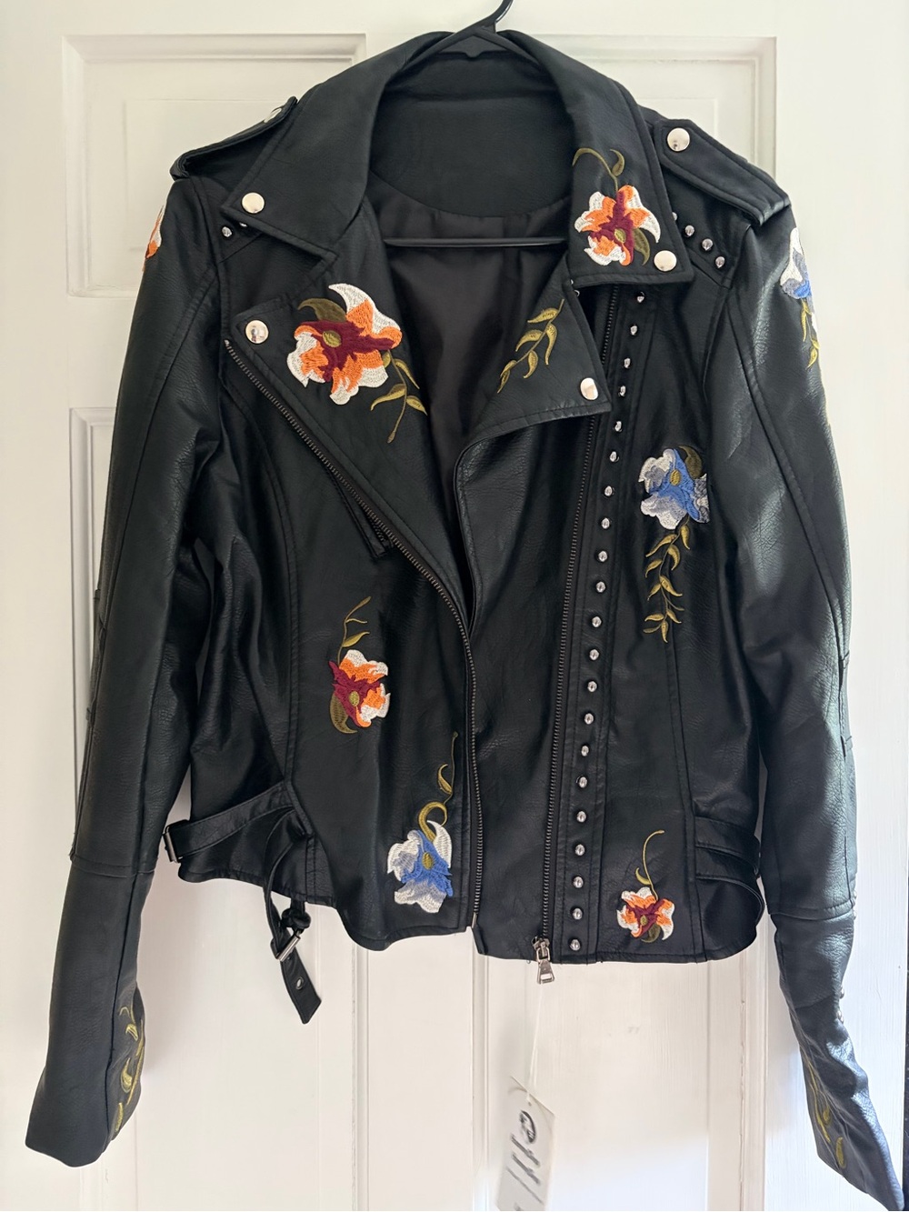 Black Embroidered Vegan Leather Floral Moto Jacket NWT